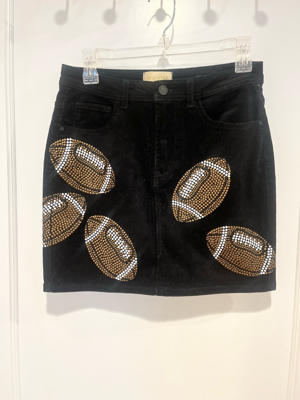 Judith March Black Corduroy Football Lover Embellished Mini Skirt Medium
